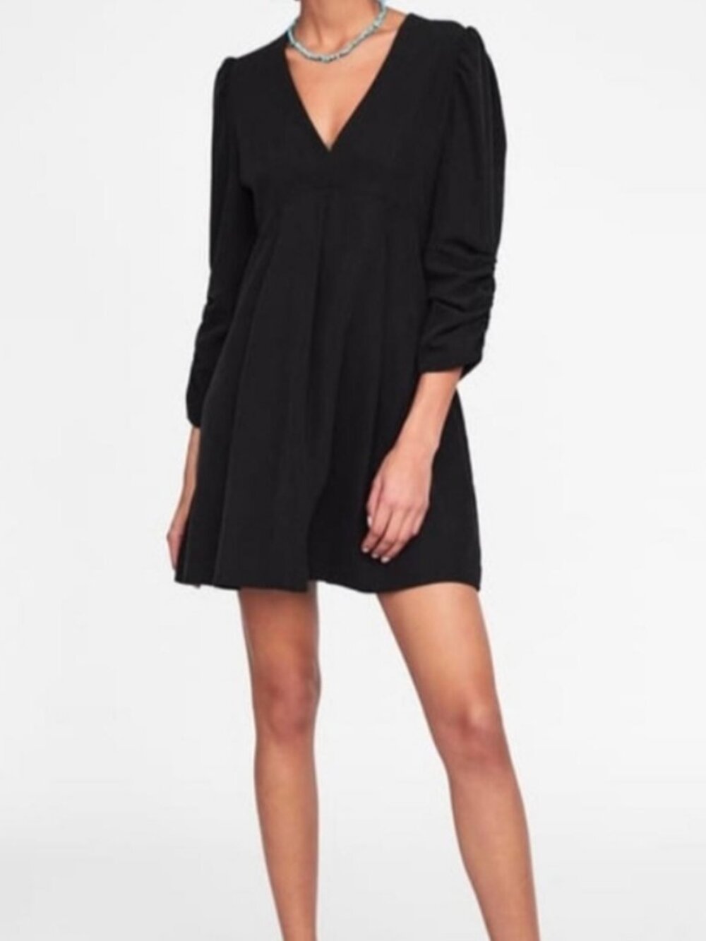 Zara Black Long Tie Sleeve Dress Womens Size Medium A-Line Vneck Pleated Lyocell
